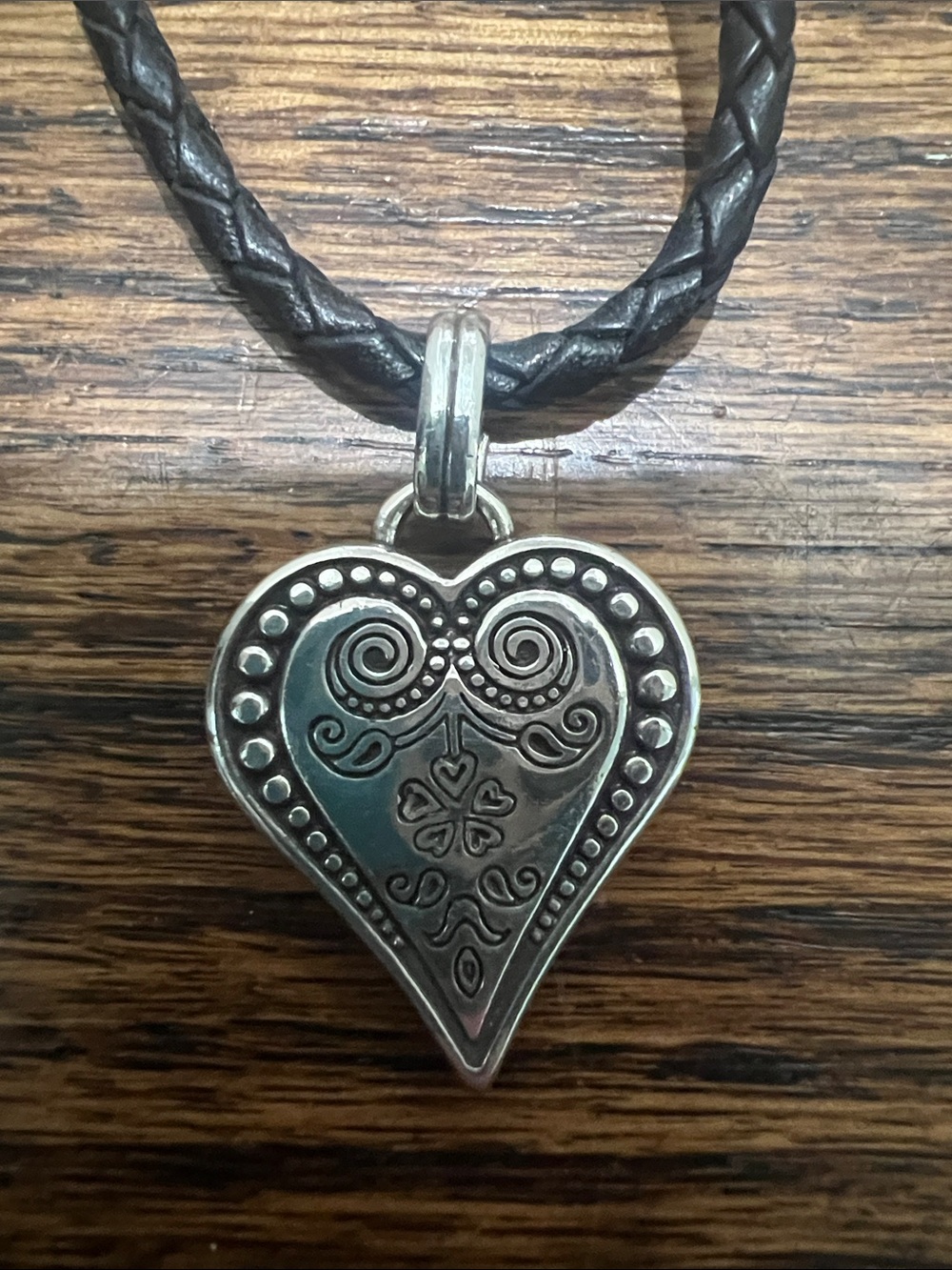 Brighton Silver Heart Pendant Necklace with Black Braided Cord